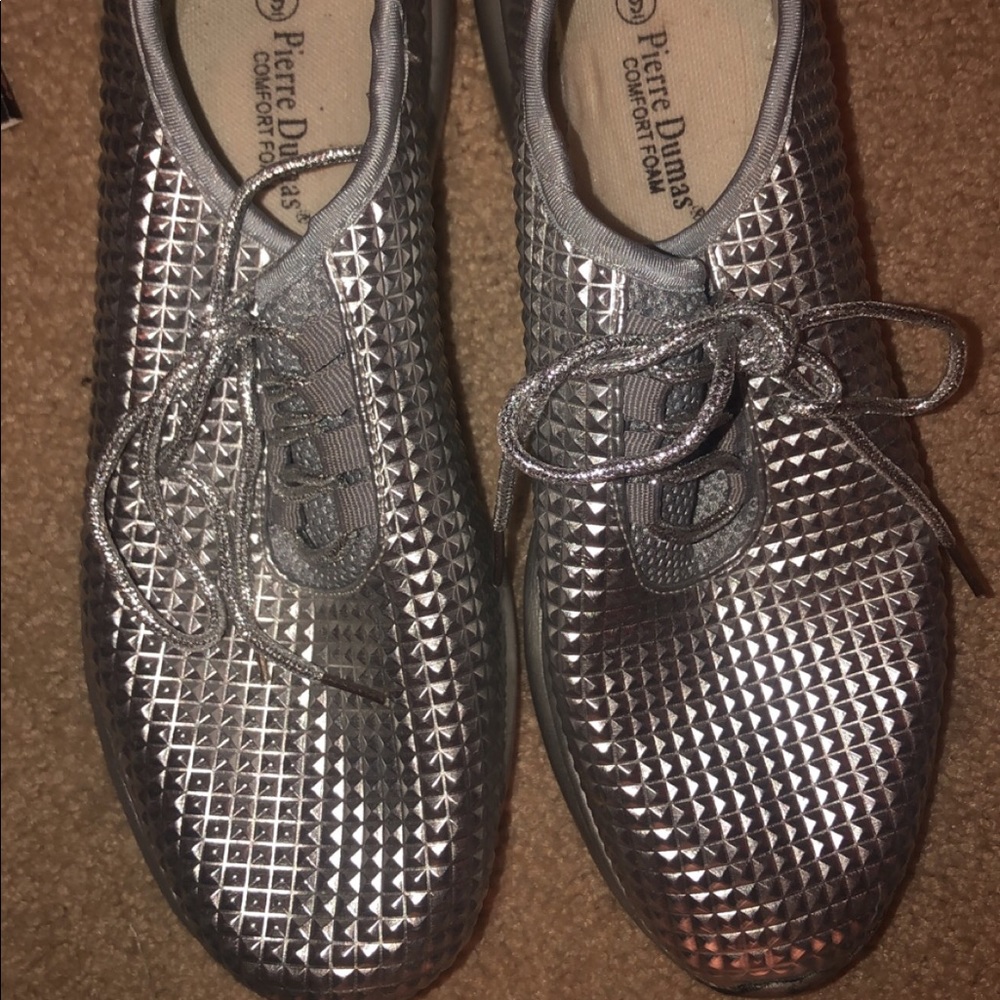 shiny silver tennis shoes